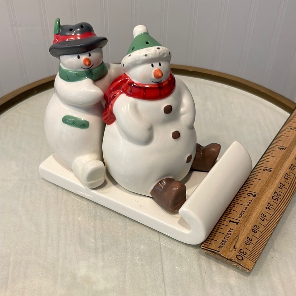 Hallmark Snowman Holiday salt and pepper figurine with red and green accents